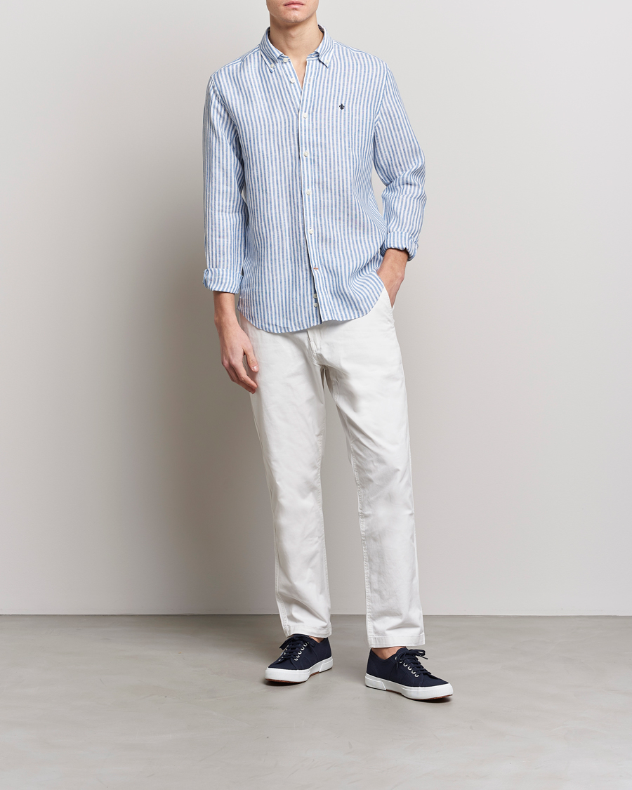 Uomini | Camicie | Morris | Douglas Linen Button Down Striped Shirt Navy/White