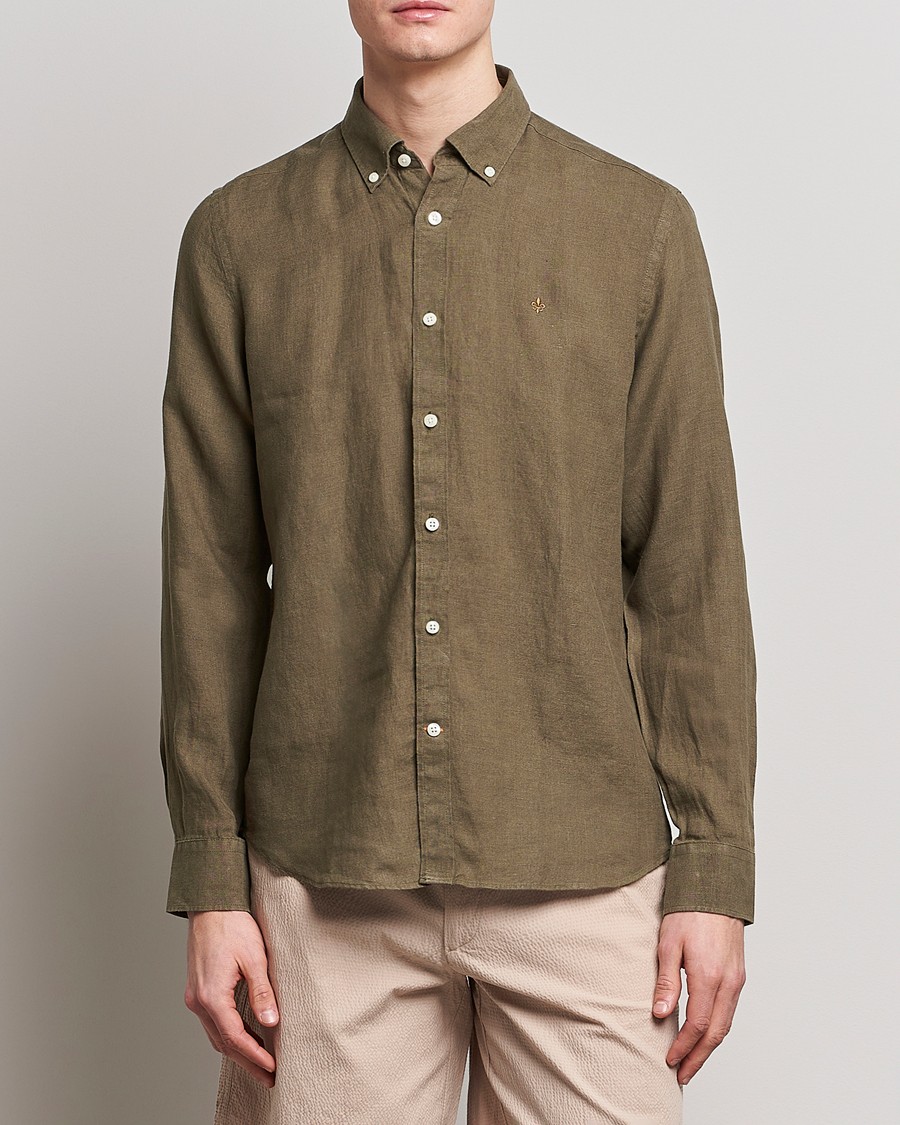 Uomini | Camicie | Morris | Douglas Linen Button Down Shirt Dark Green