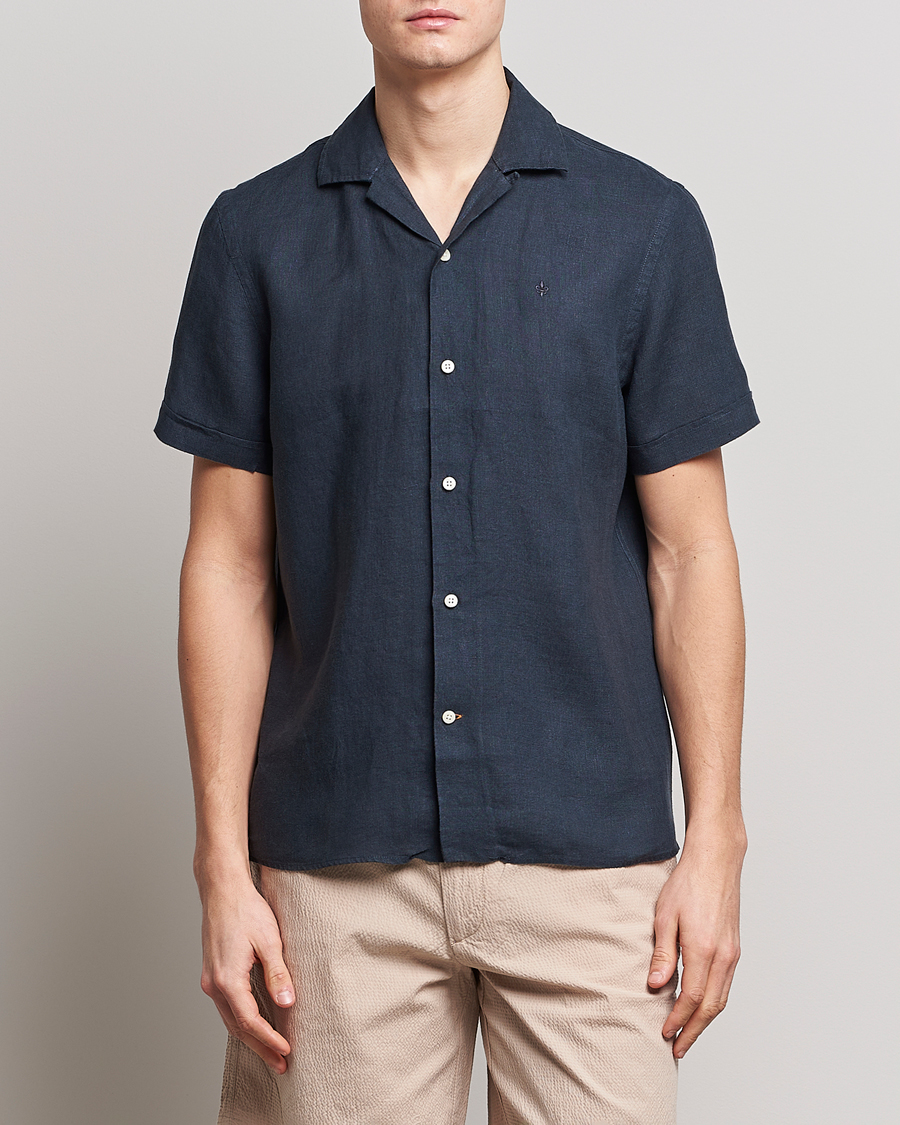 Uomini | Camicie | Morris | Douglas Linen Short Sleeve Shirt Navy
