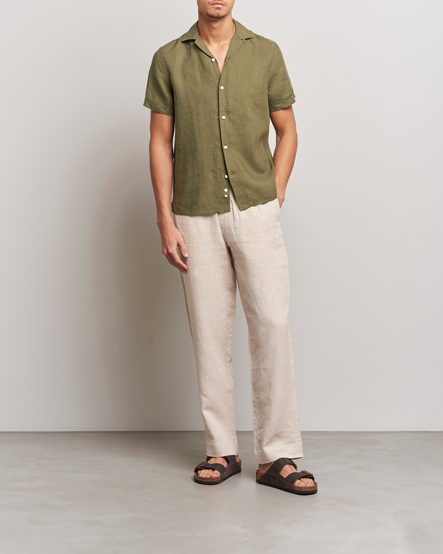 Uomini | Camicie | Morris | Douglas Linen Short Sleeve Shirt Dark Green