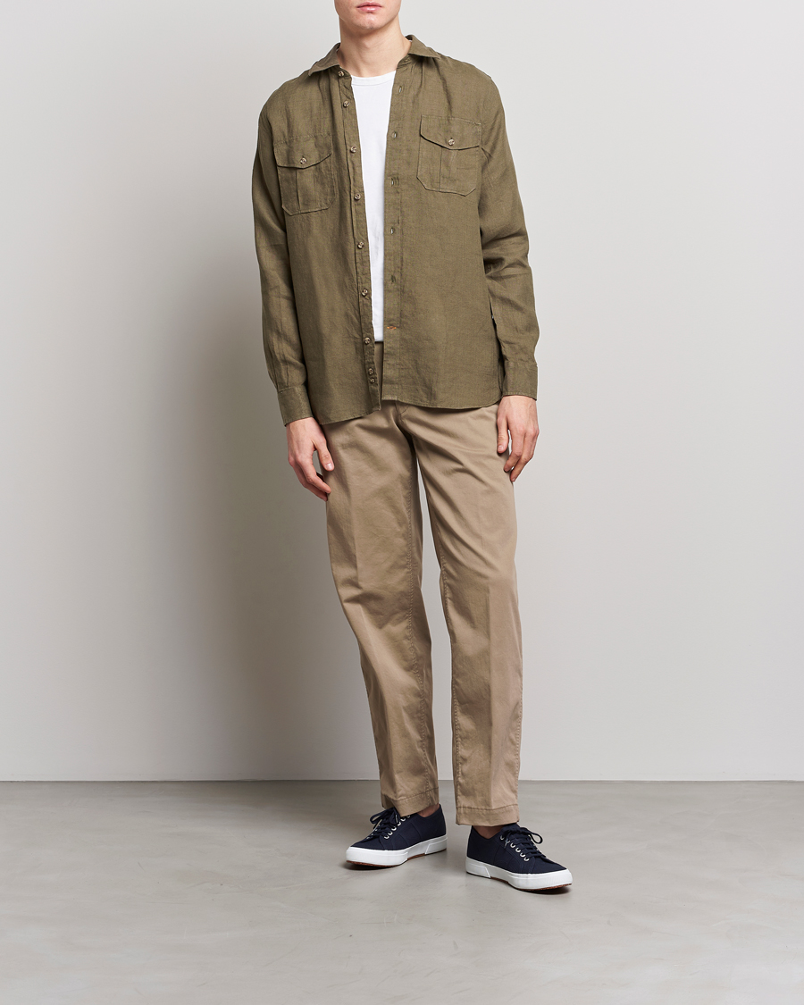 Uomini | Camicie | Morris | Safari Linen Shirt Dark Green