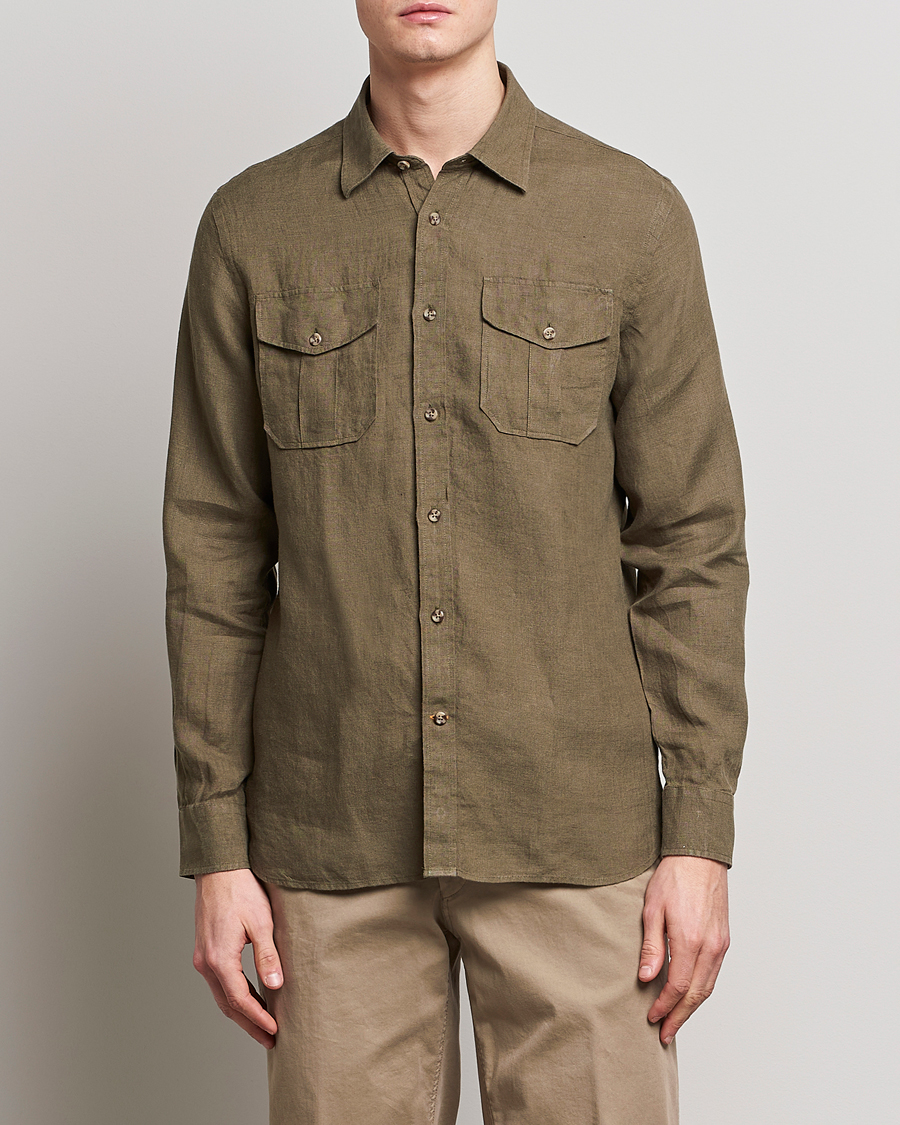 Uomini | Camicie | Morris | Safari Linen Shirt Dark Green
