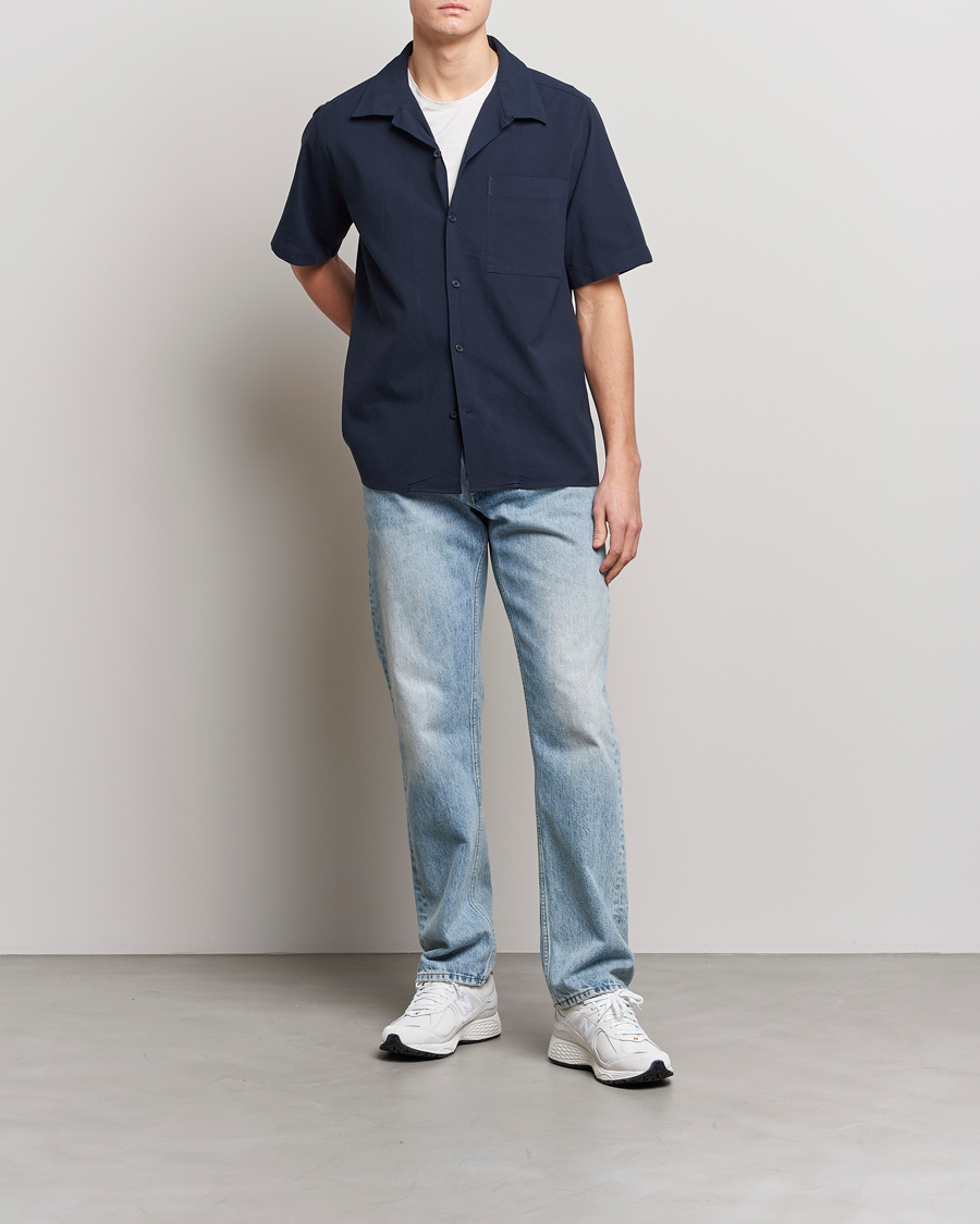 Uomini | Camicie | NN07 | Julio Seersucker Short Sleeve Shirt Navy Blue