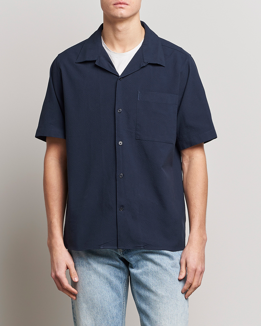 Uomini | Camicie | NN07 | Julio Seersucker Short Sleeve Shirt Navy Blue