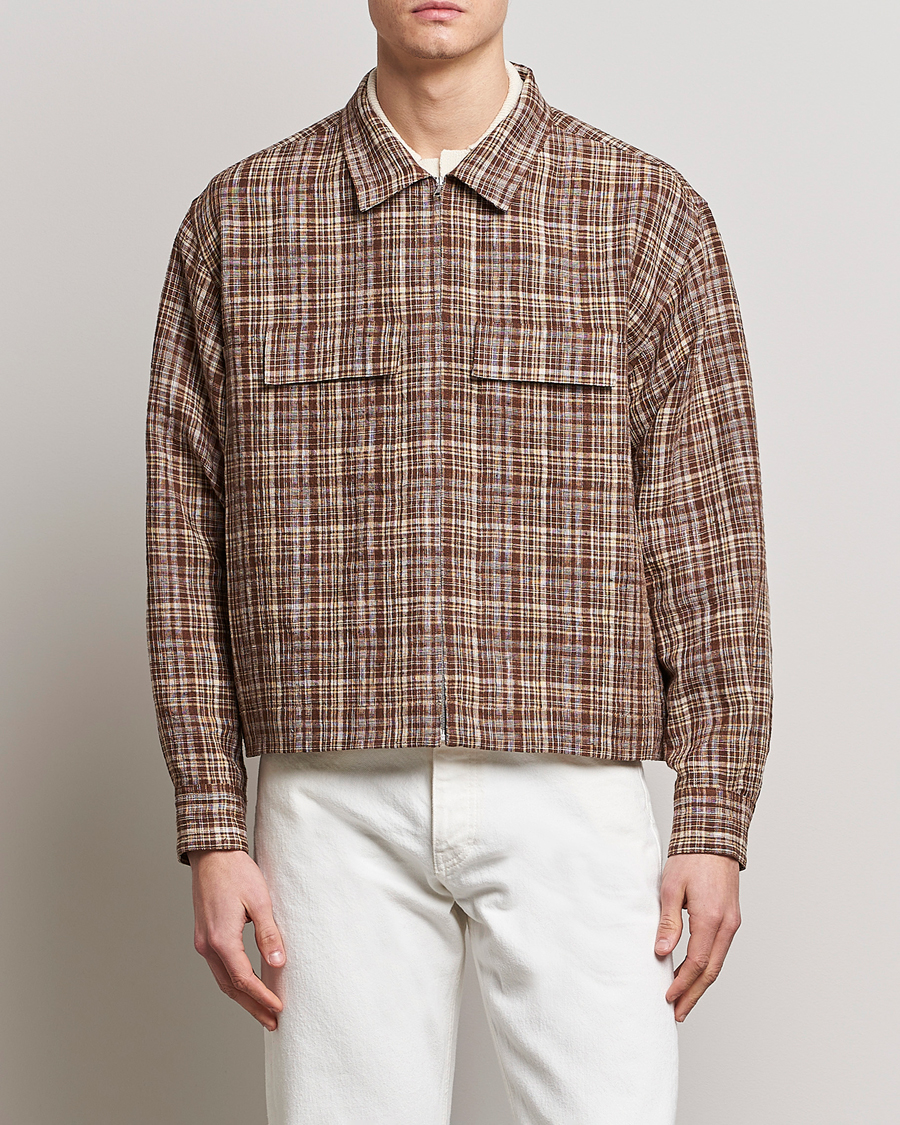 Uomini | Giacche | Auralee | Linen/Silk Zip Blouson Brown Check
