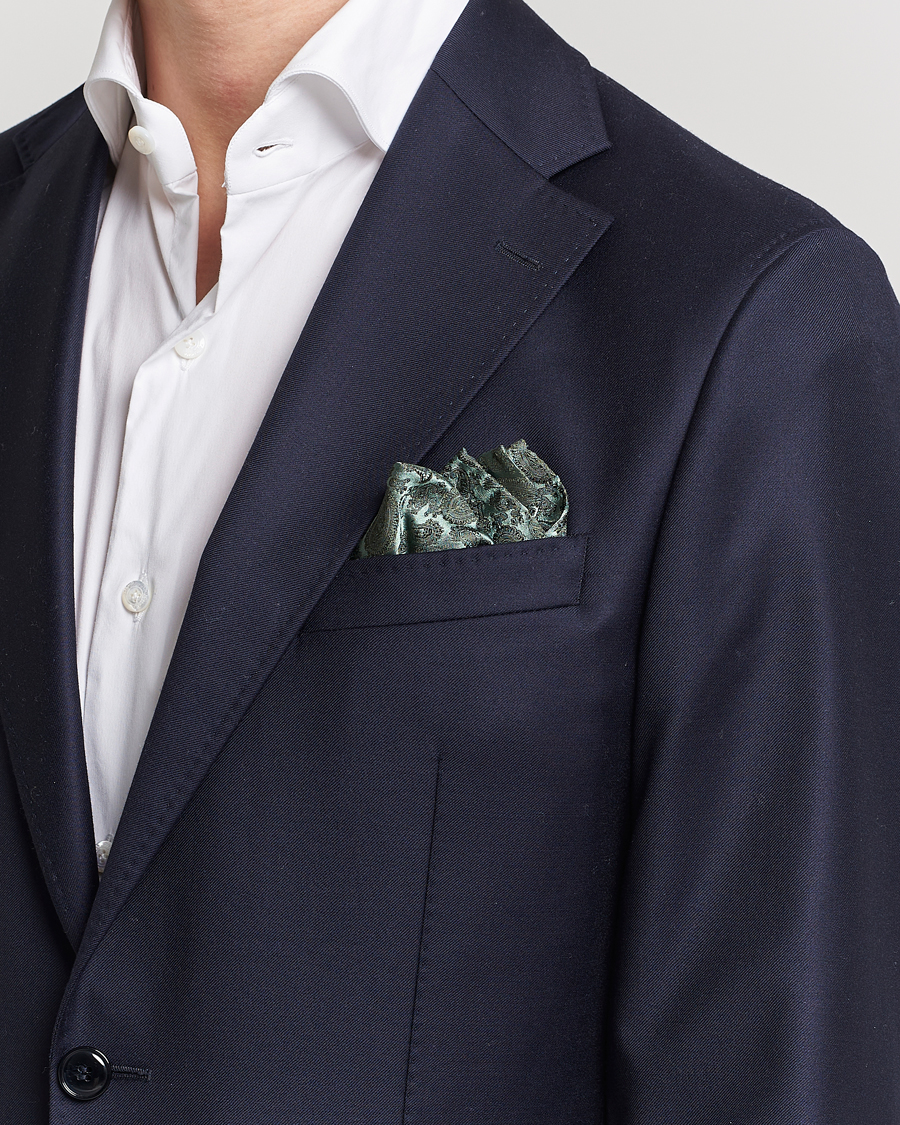 Uomini | Fazzoletti da taschino | Amanda Christensen | Tonal Paisley Silk Pocket Square Olive