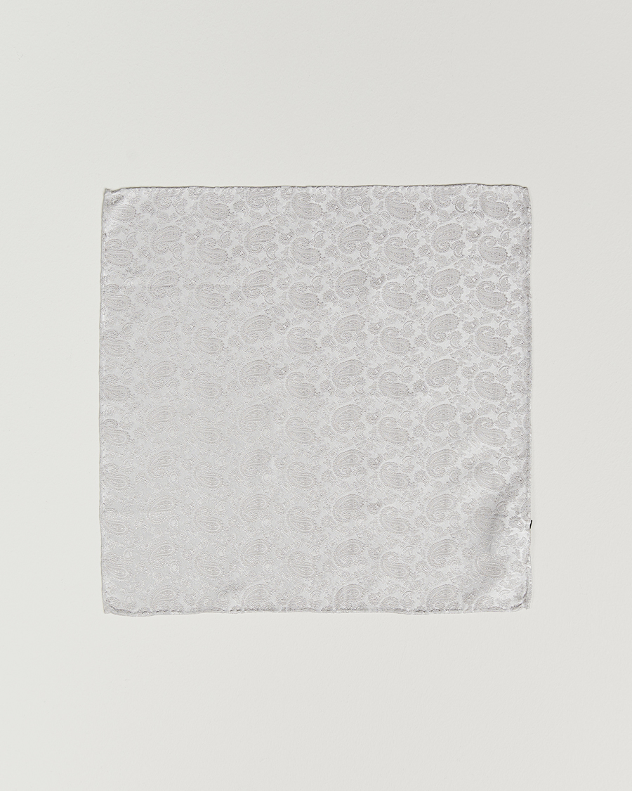 Uomini | Fazzoletti da taschino | Amanda Christensen | Tonal Paisley Silk Pocket Square Silver