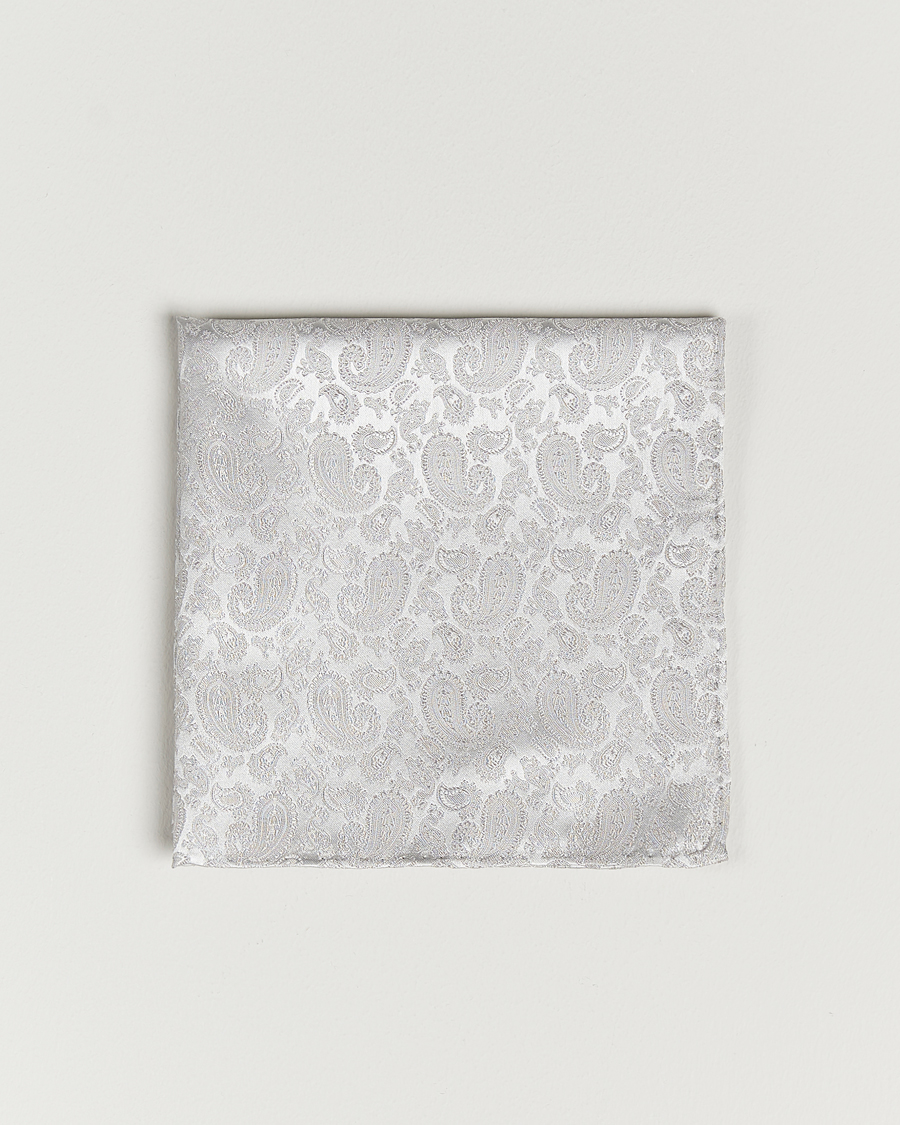 Uomini | Fazzoletti da taschino | Amanda Christensen | Tonal Paisley Silk Pocket Square Silver