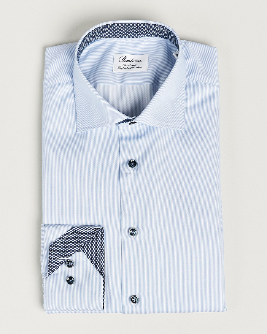 Uomini | Camicie | Stenströms | Fitted Body Contrast Cotton Shirt White/Blue