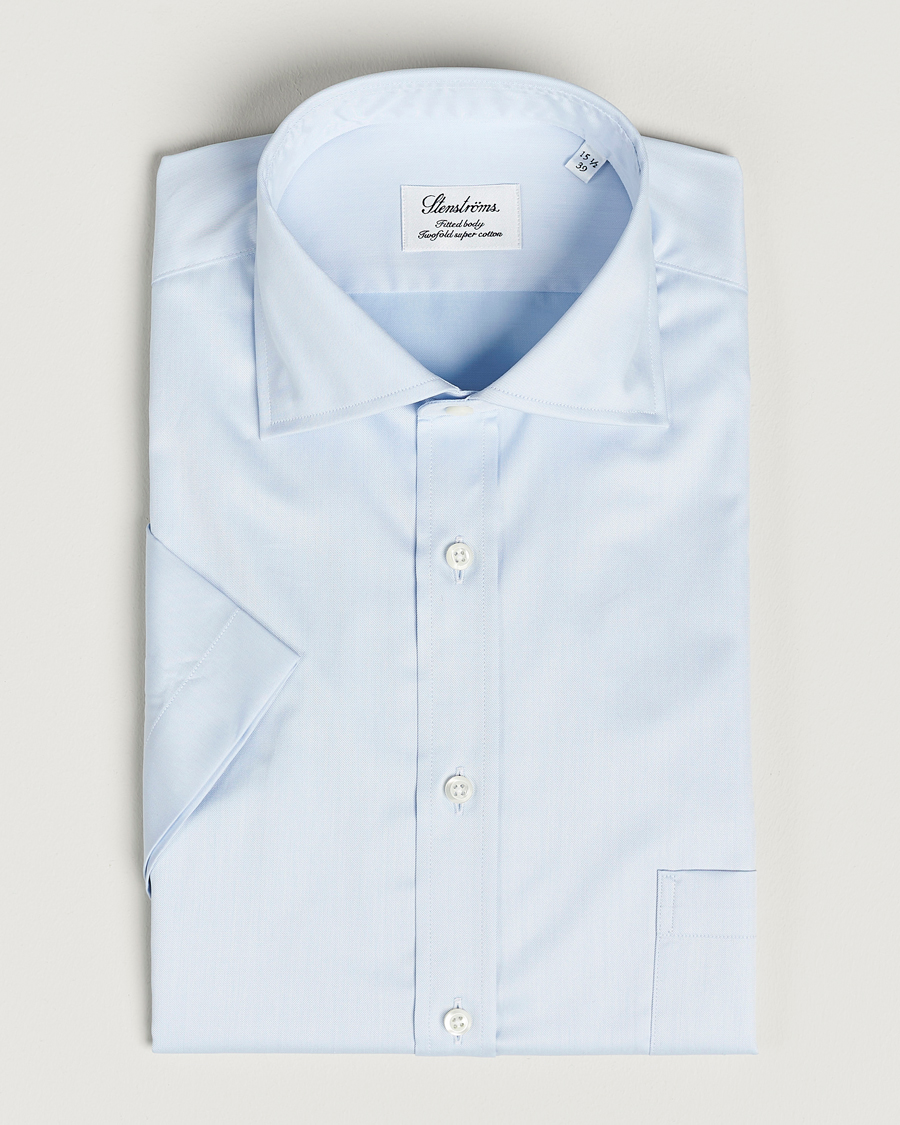 Uomini | Camicie | Stenströms | Fitted Body Short Sleeve Twill Shirt Light Blue