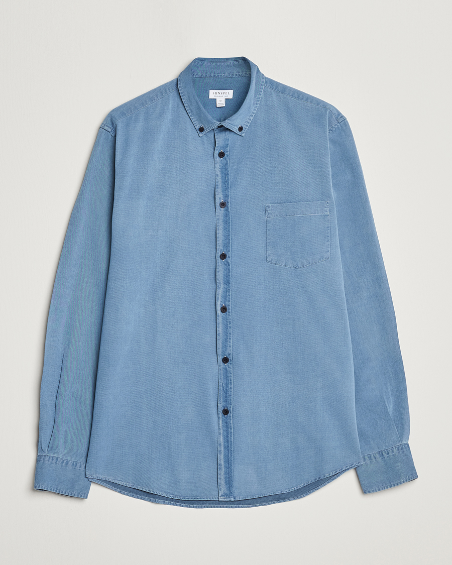 Uomini | Camicie | Sunspel | Cotton Twill Indigo Shirt Light Indigo