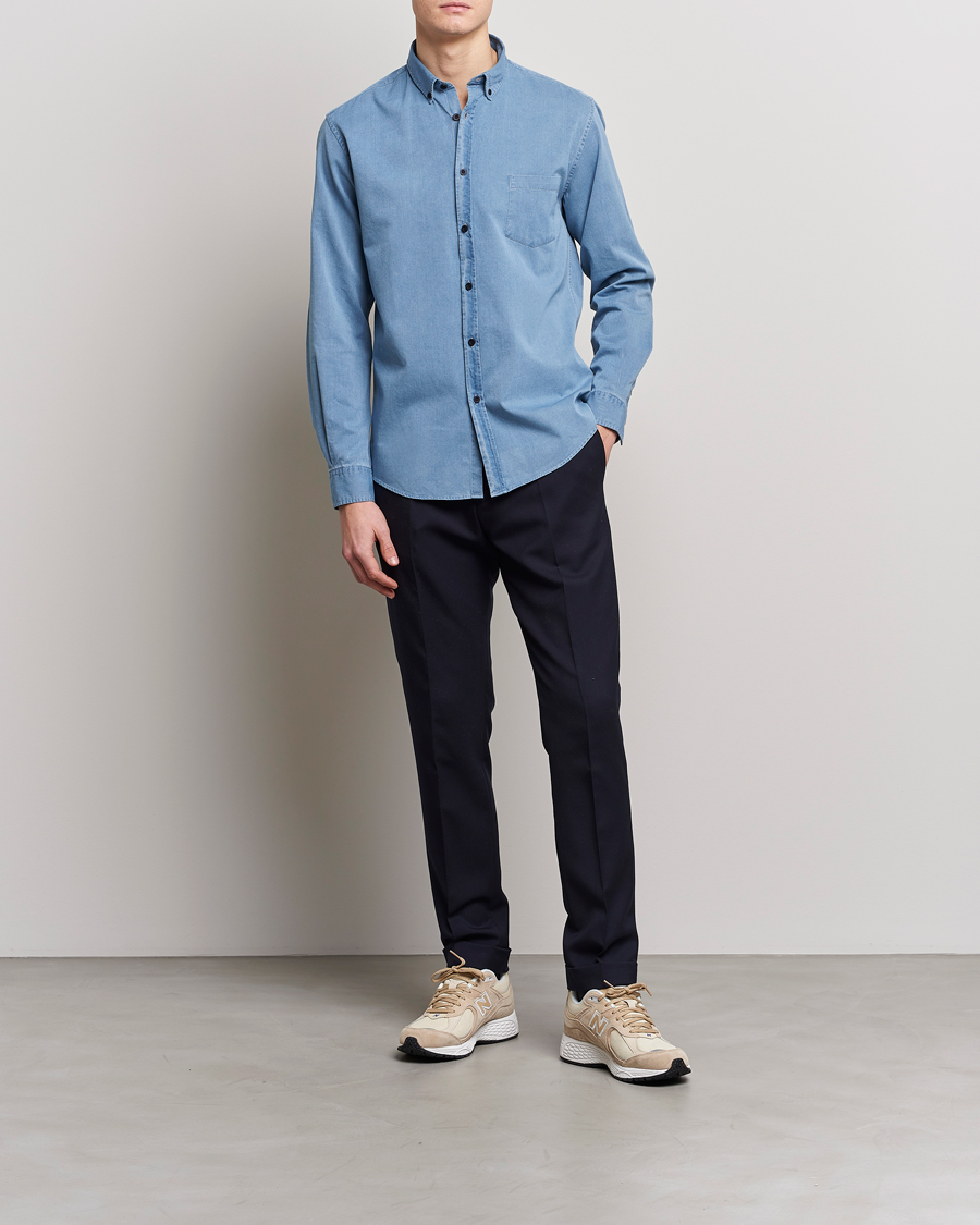 Uomini | Camicie | Sunspel | Cotton Twill Indigo Shirt Light Indigo