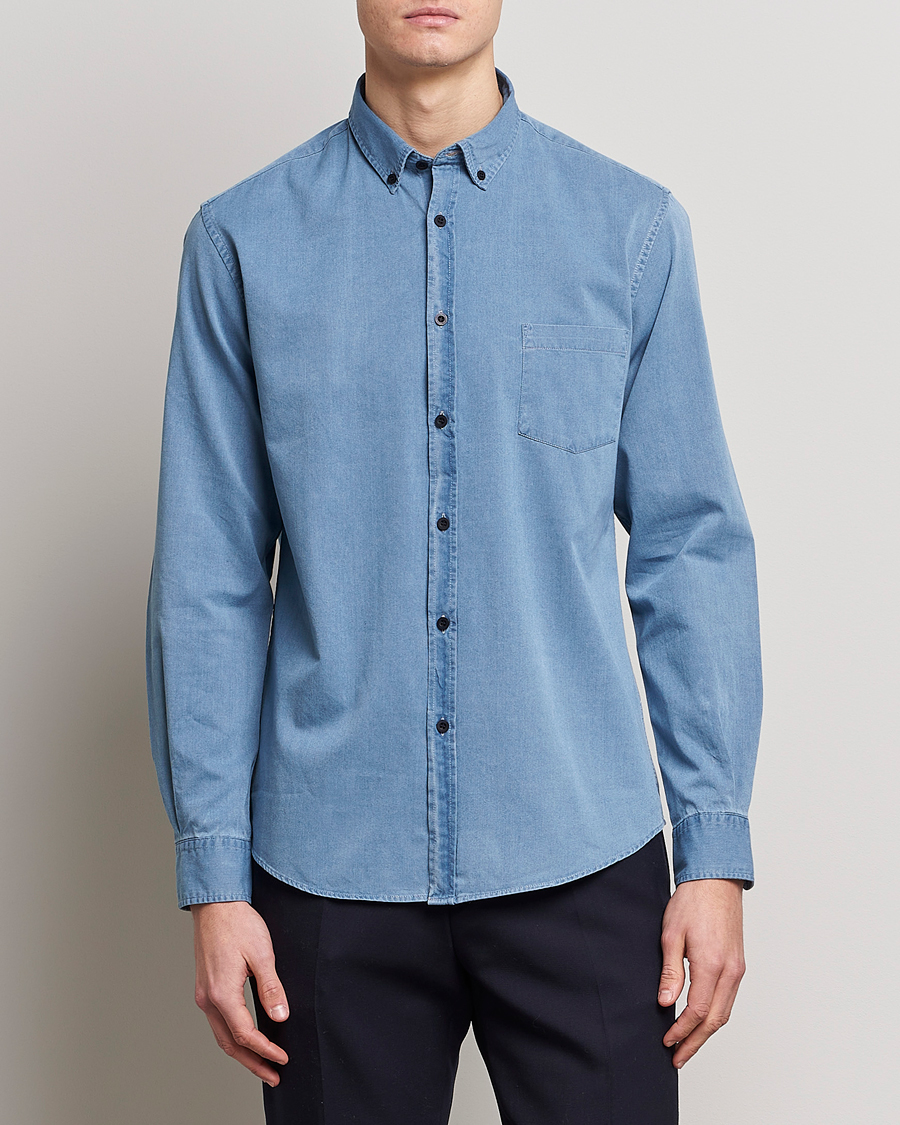 Uomini | Camicie | Sunspel | Cotton Twill Indigo Shirt Light Indigo