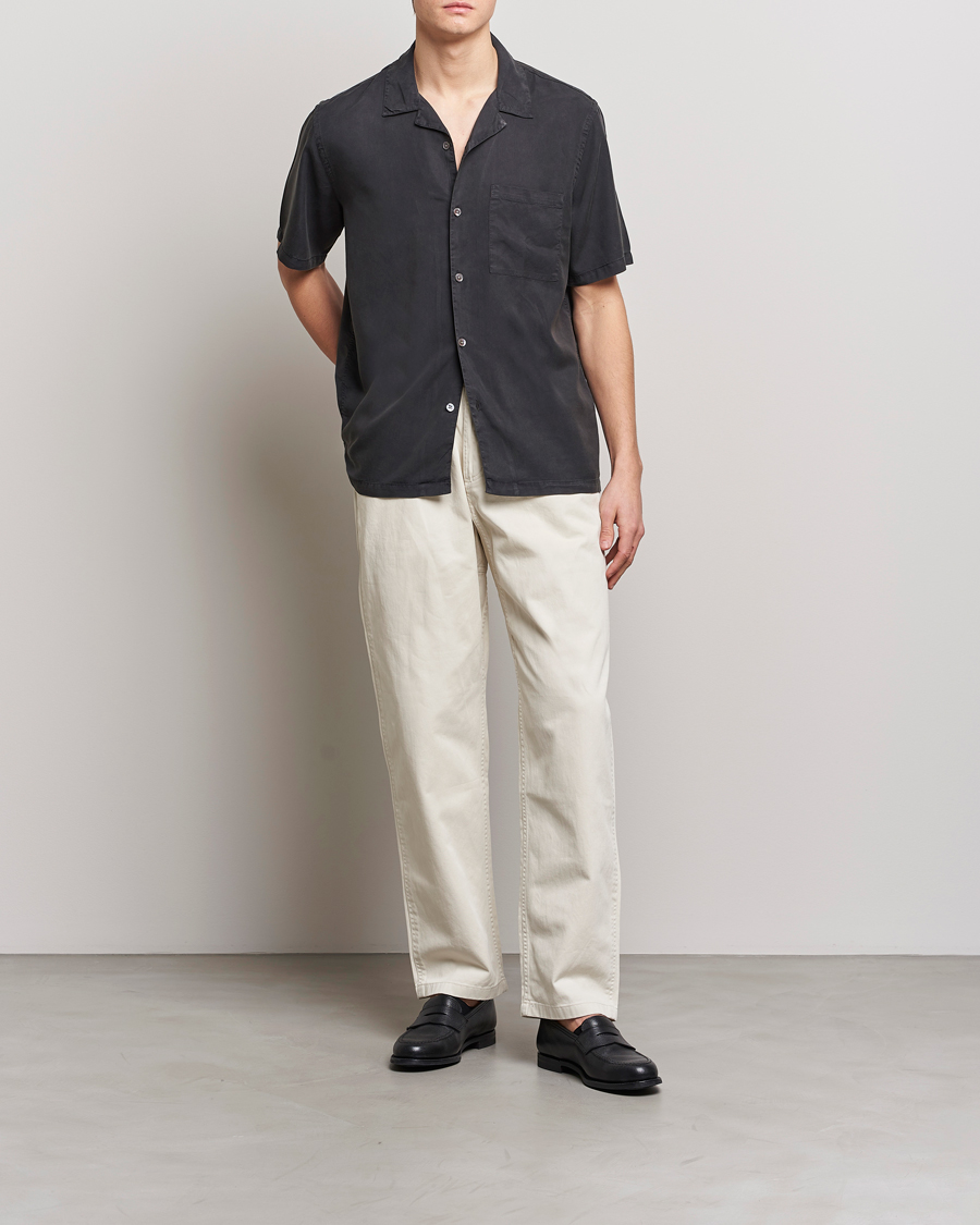 Uomini | Camicie | A Day's March | Yamu Short Sleeve Tencel Shirt Off Black