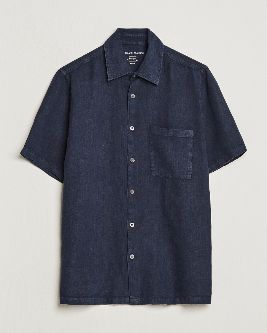 Uomini | Camicie | A Day's March | Khito Short Sleeve Linen Shirt Dark Navy