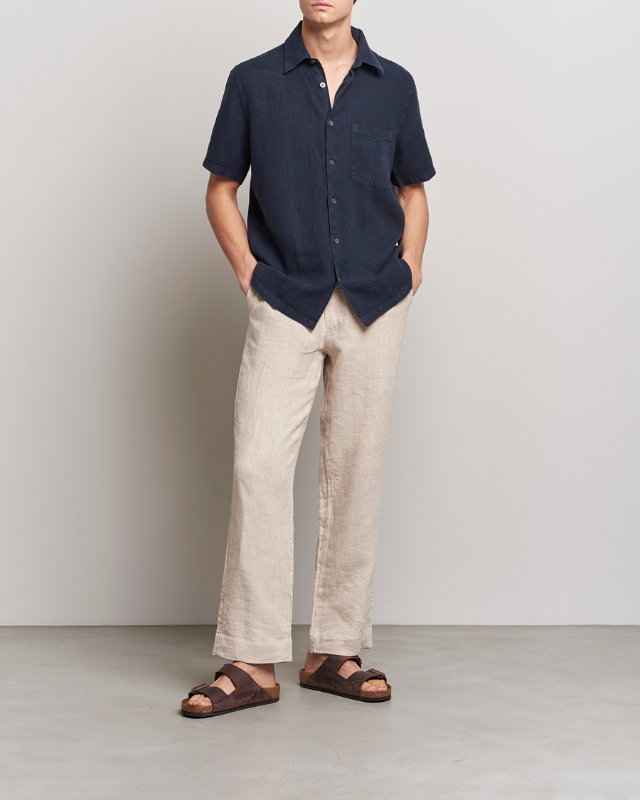 Uomini | Camicie | A Day's March | Khito Short Sleeve Linen Shirt Dark Navy