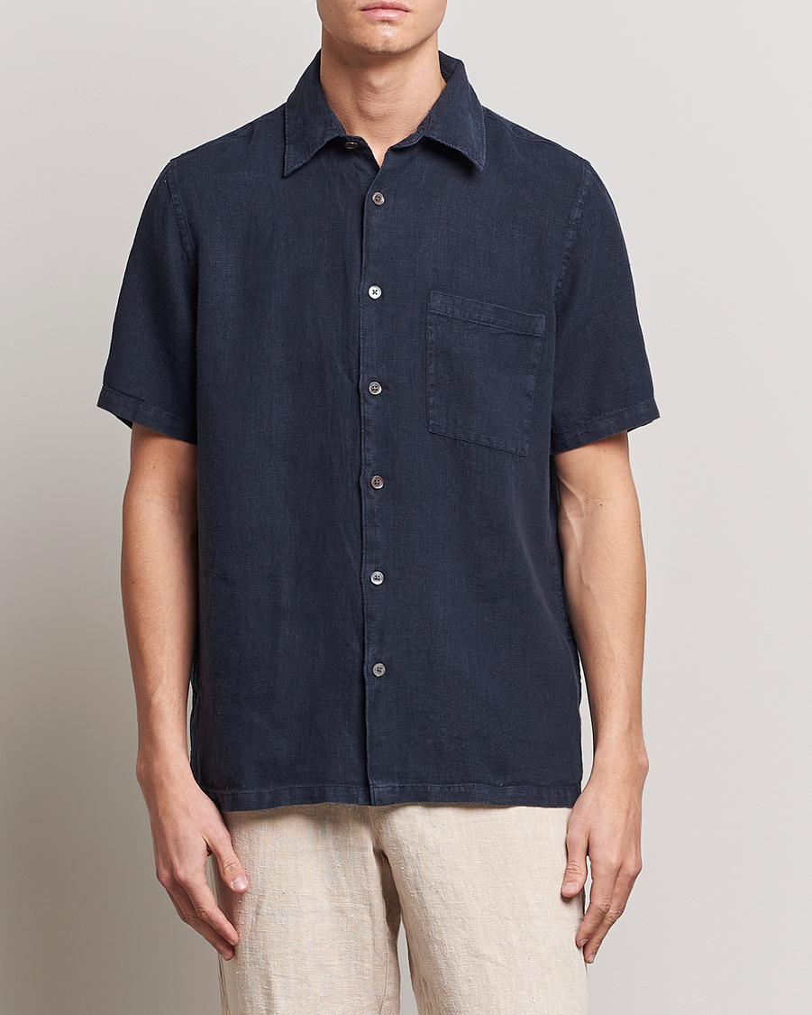 Uomini | Camicie | A Day's March | Khito Short Sleeve Linen Shirt Dark Navy
