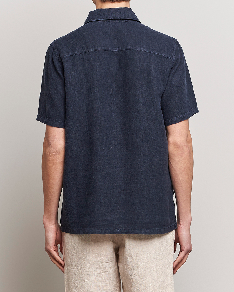 Uomini | Camicie | A Day's March | Khito Short Sleeve Linen Shirt Dark Navy