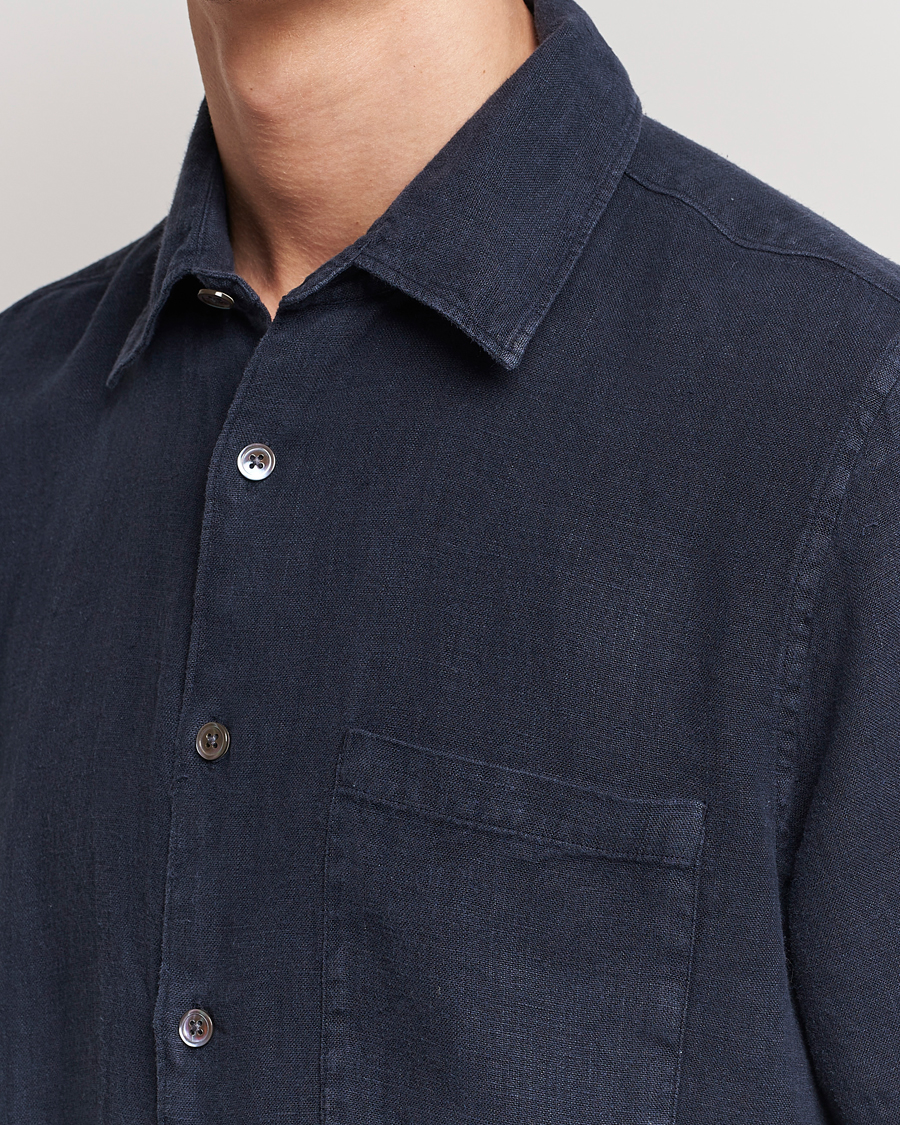 Uomini | Camicie | A Day's March | Khito Short Sleeve Linen Shirt Dark Navy