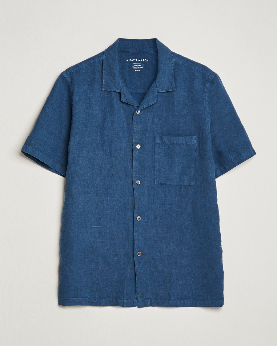 Uomini | Camicie | A Day's March | Yamu Short Sleeve Linen Shirt Indigo Blue