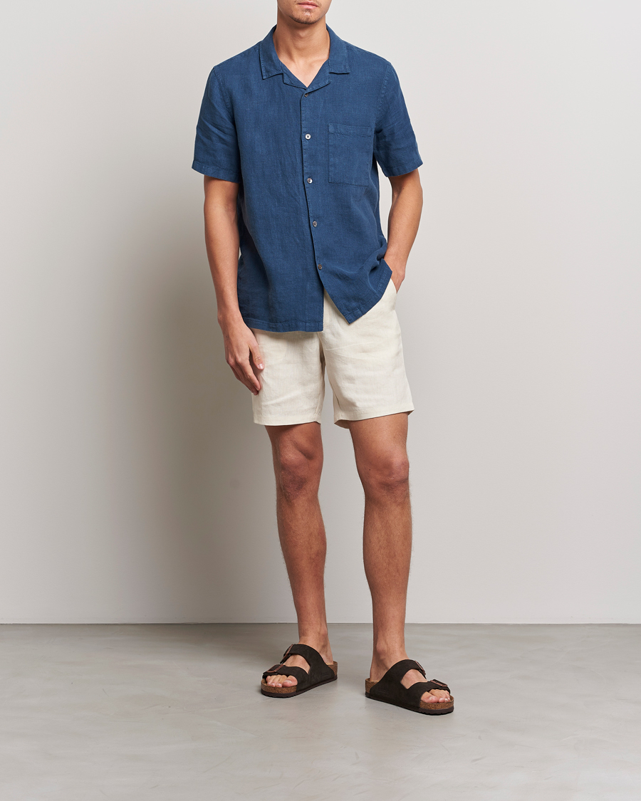Uomini | Camicie | A Day's March | Yamu Short Sleeve Linen Shirt Indigo Blue