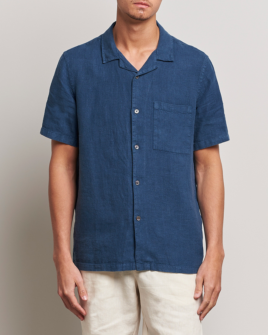 Uomini | Camicie | A Day's March | Yamu Short Sleeve Linen Shirt Indigo Blue