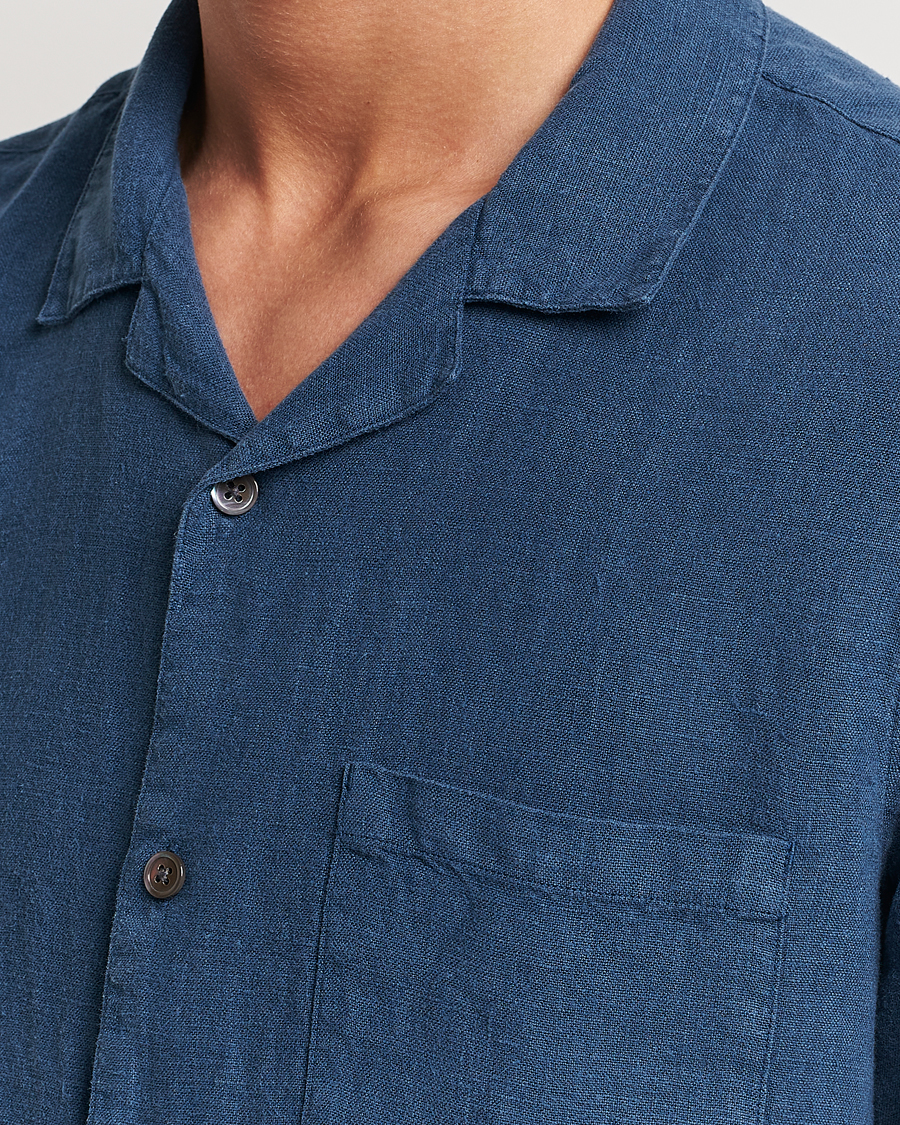 Uomini | Camicie | A Day's March | Yamu Short Sleeve Linen Shirt Indigo Blue