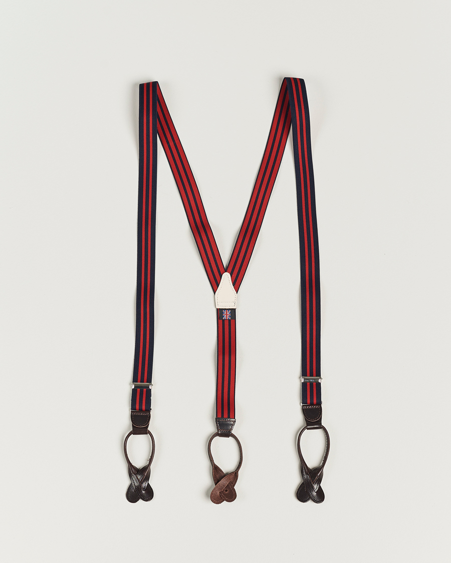Uomini | Albert Thurston Elastic Narrow Stripe Braces 25mm Navy/Red | Albert Thurston | Elastic Narrow Stripe Braces 25mm Navy/Red