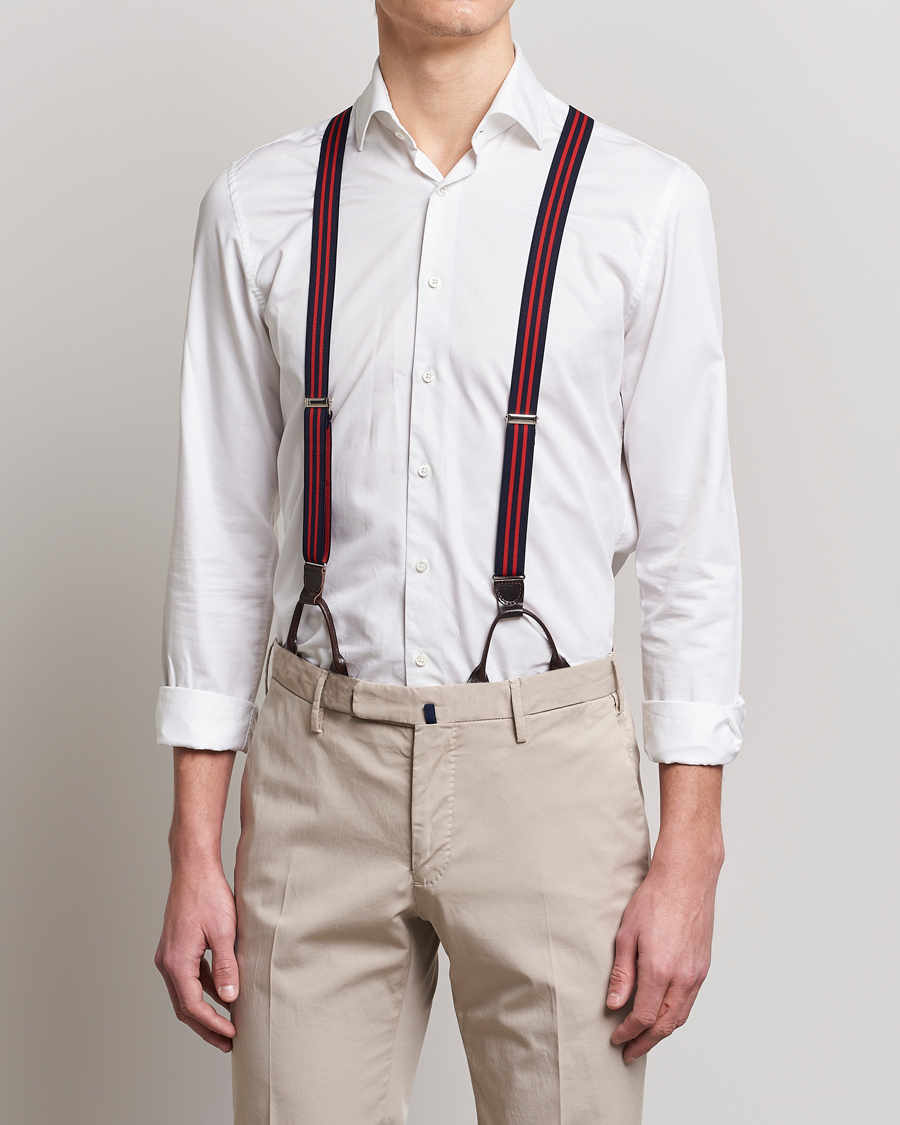 Uomini | Albert Thurston Elastic Narrow Stripe Braces 25mm Navy/Red | Albert Thurston | Elastic Narrow Stripe Braces 25mm Navy/Red