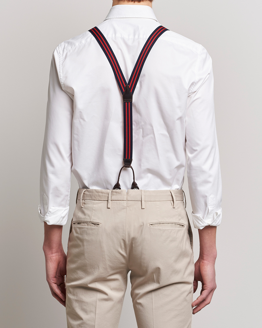 Uomini | Albert Thurston Elastic Narrow Stripe Braces 25mm Navy/Red | Albert Thurston | Elastic Narrow Stripe Braces 25mm Navy/Red