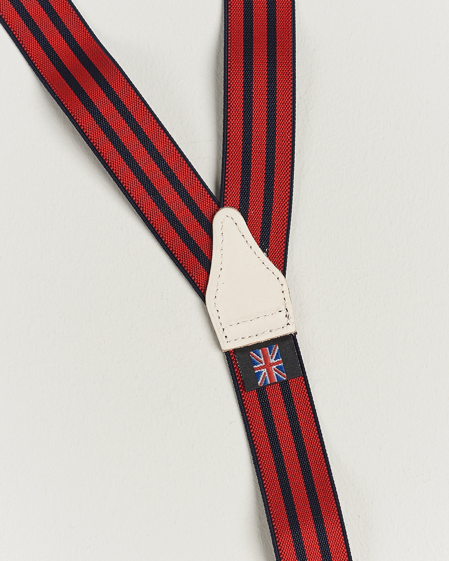 Uomini | Albert Thurston Elastic Narrow Stripe Braces 25mm Navy/Red | Albert Thurston | Elastic Narrow Stripe Braces 25mm Navy/Red