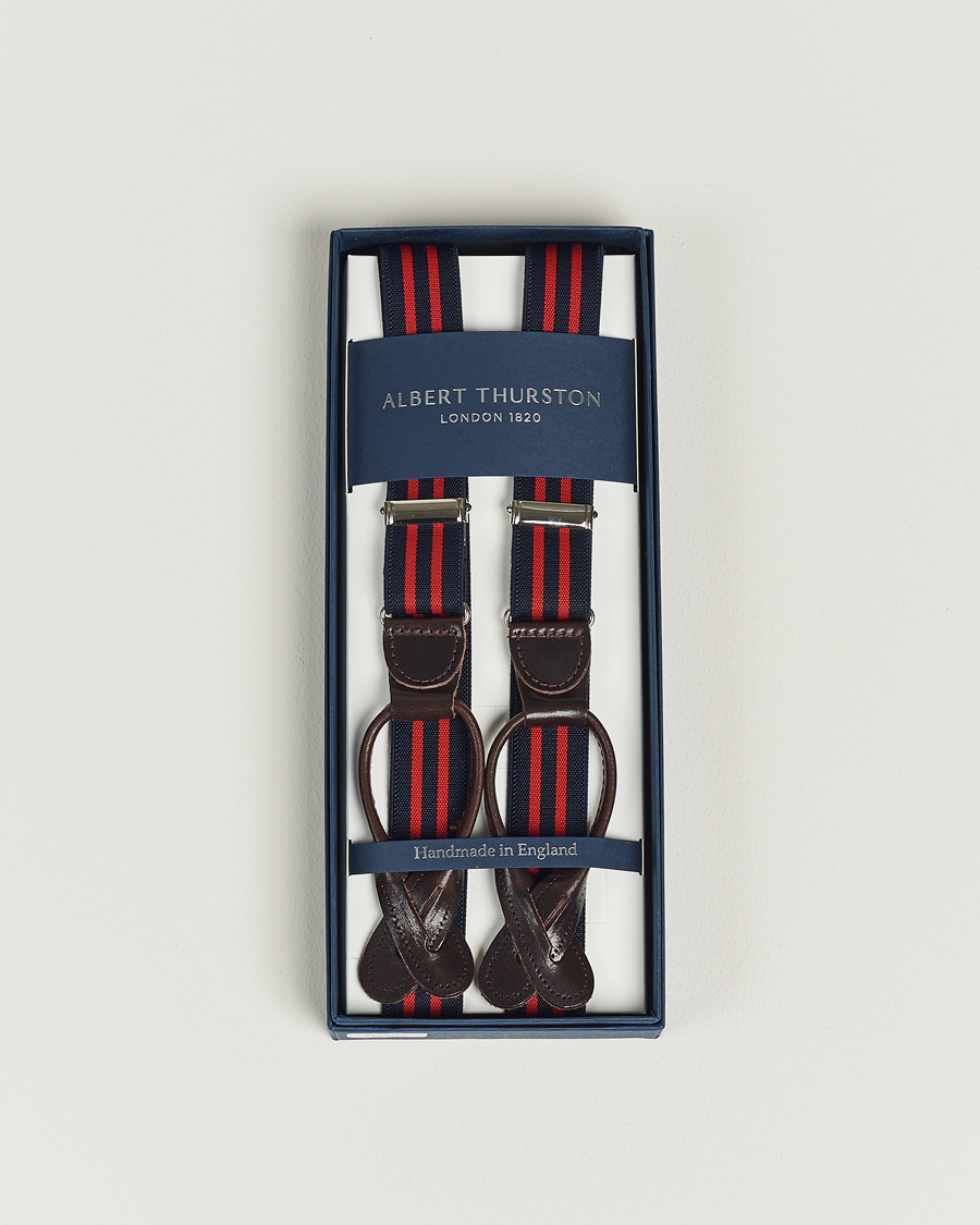 Uomini | Albert Thurston Elastic Narrow Stripe Braces 25mm Navy/Red | Albert Thurston | Elastic Narrow Stripe Braces 25mm Navy/Red