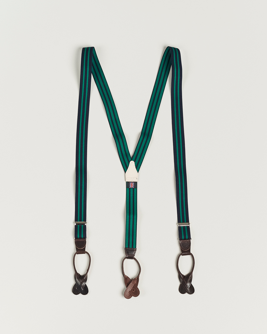 Uomini | Albert Thurston Elastic Narrow Stripe Braces 25mm Navy/Green | Albert Thurston | Elastic Narrow Stripe Braces 25mm Navy/Green