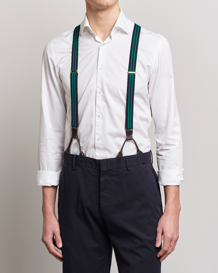 Uomini | Albert Thurston Elastic Narrow Stripe Braces 25mm Navy/Green | Albert Thurston | Elastic Narrow Stripe Braces 25mm Navy/Green