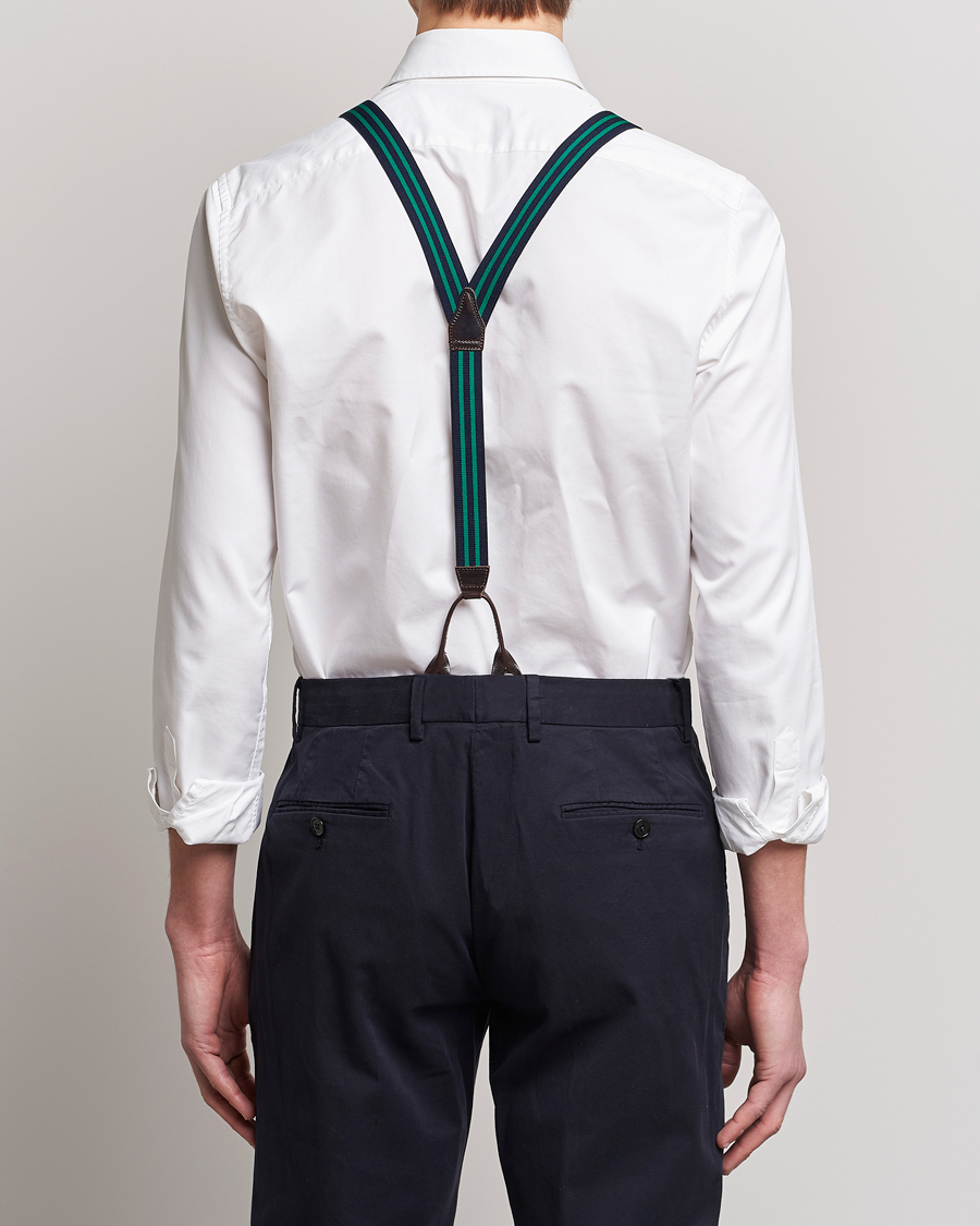 Uomini | Albert Thurston Elastic Narrow Stripe Braces 25mm Navy/Green | Albert Thurston | Elastic Narrow Stripe Braces 25mm Navy/Green