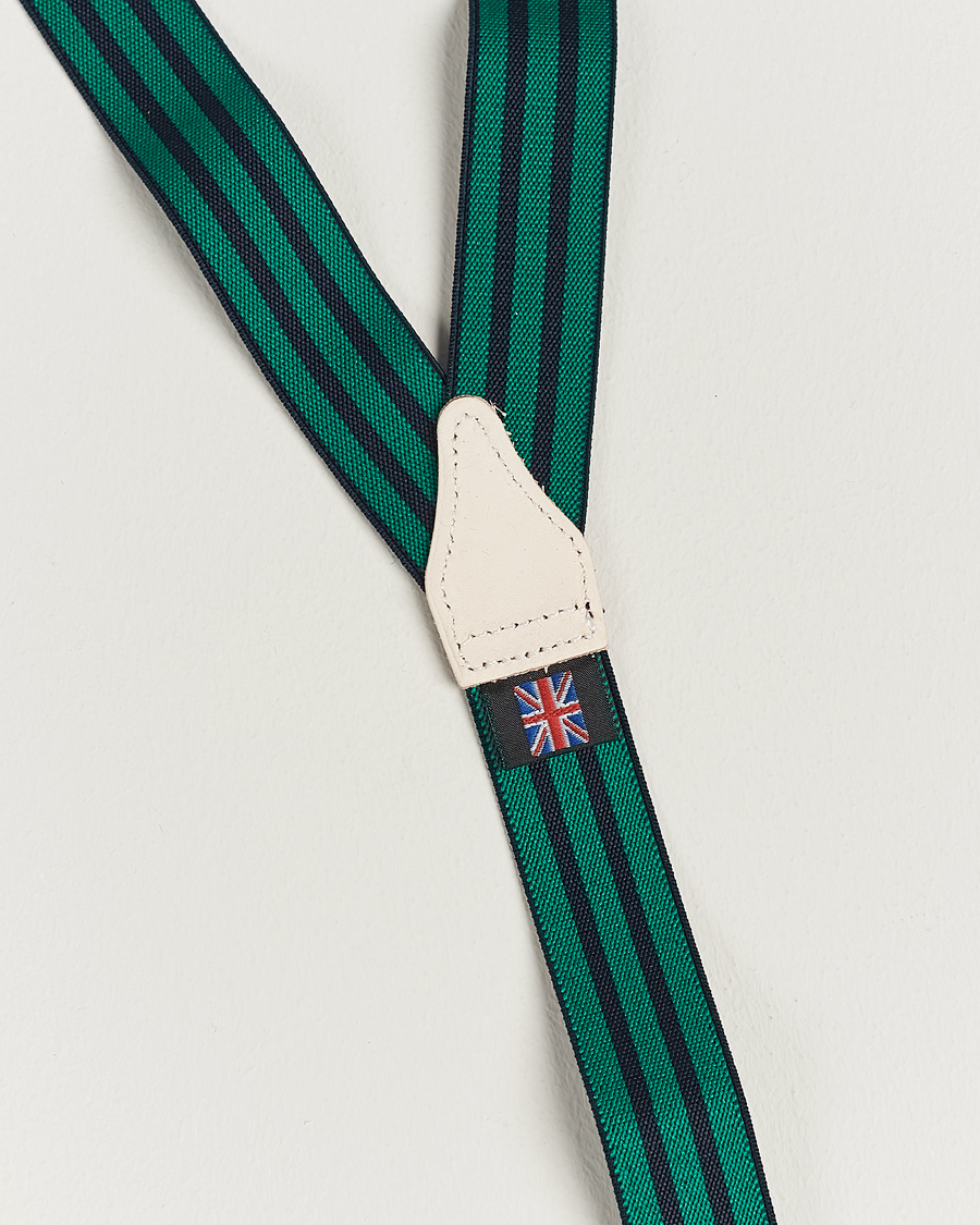 Uomini | Albert Thurston Elastic Narrow Stripe Braces 25mm Navy/Green | Albert Thurston | Elastic Narrow Stripe Braces 25mm Navy/Green