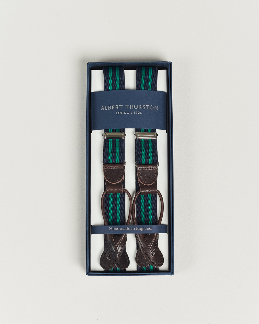 Uomini | Albert Thurston Elastic Narrow Stripe Braces 25mm Navy/Green | Albert Thurston | Elastic Narrow Stripe Braces 25mm Navy/Green