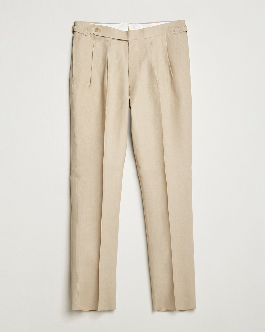Uomini | Pantaloni | Beams F | Pleated Linen Trousers Beige