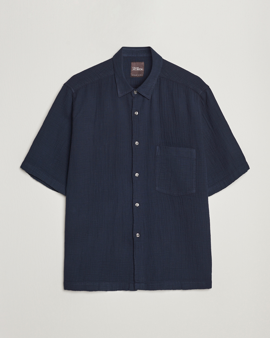 Uomini | Camicie | Oscar Jacobson | Short Sleeve City Crepe Cotton Shirt Navy