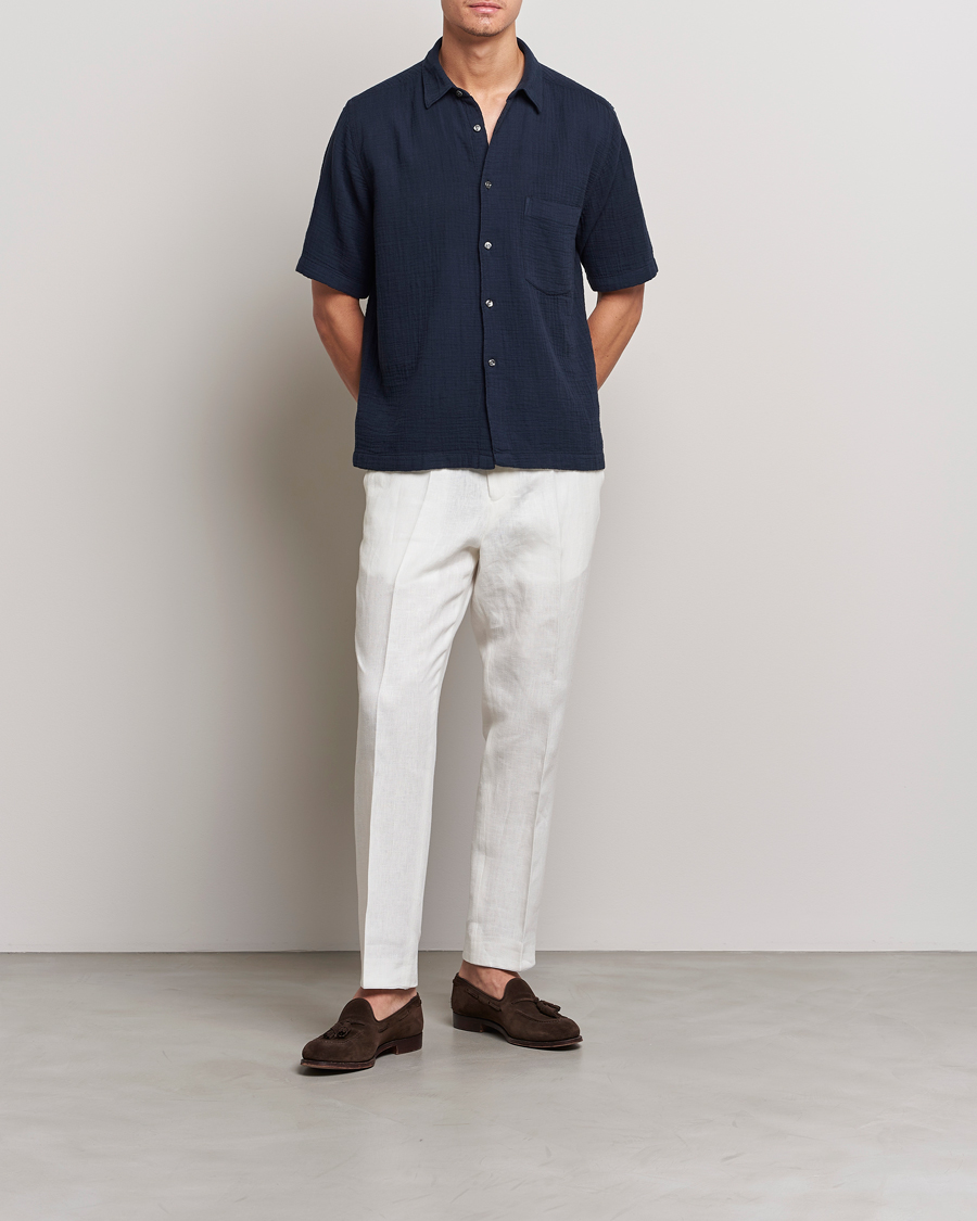 Uomini | Camicie | Oscar Jacobson | Short Sleeve City Crepe Cotton Shirt Navy