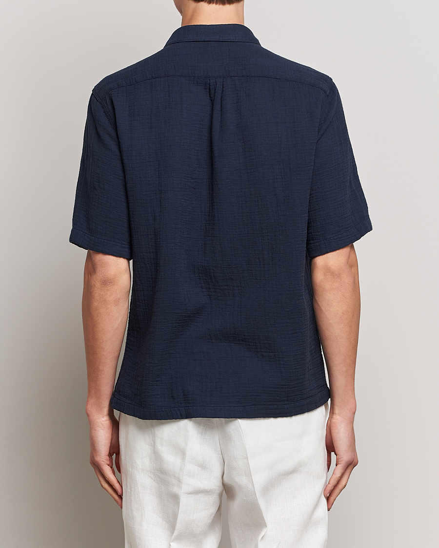 Uomini | Camicie | Oscar Jacobson | Short Sleeve City Crepe Cotton Shirt Navy