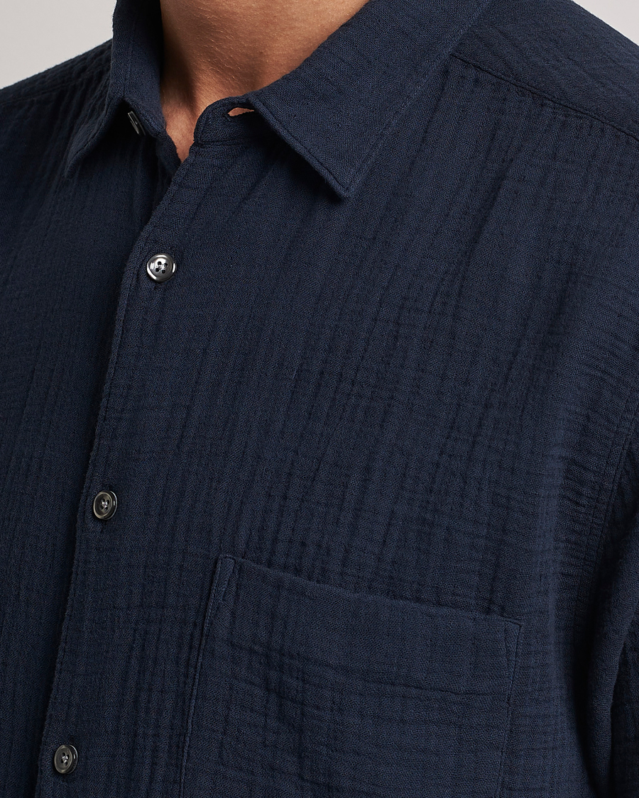 Uomini | Camicie | Oscar Jacobson | Short Sleeve City Crepe Cotton Shirt Navy