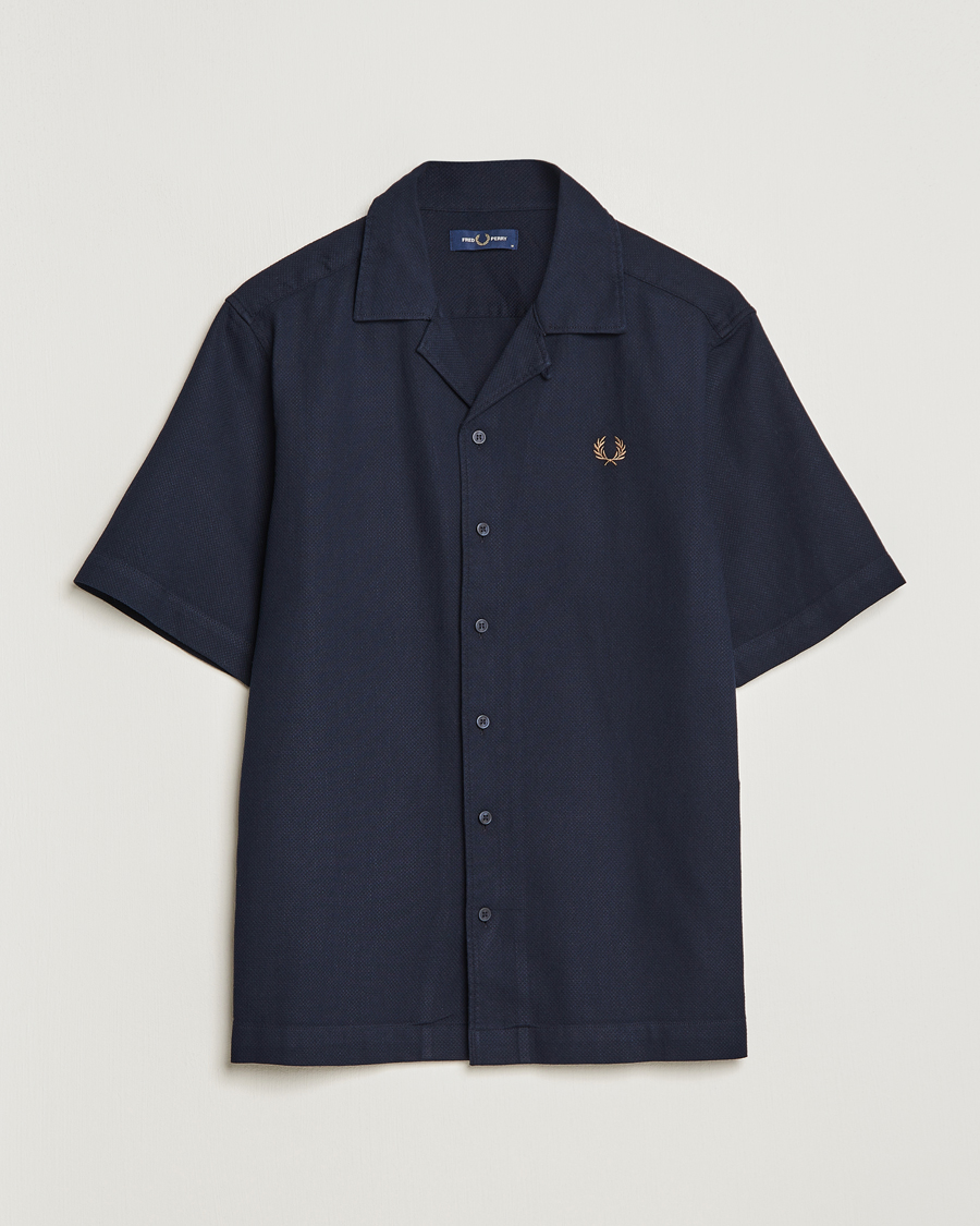 Uomini | Camicie | Fred Perry | Woven Pique Short Sleeve Linen Shirt Navy