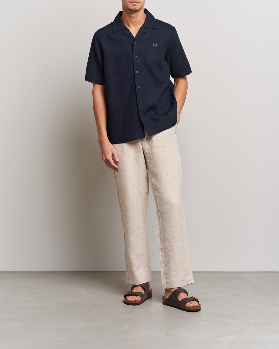 Uomini | Camicie | Fred Perry | Woven Pique Short Sleeve Linen Shirt Navy