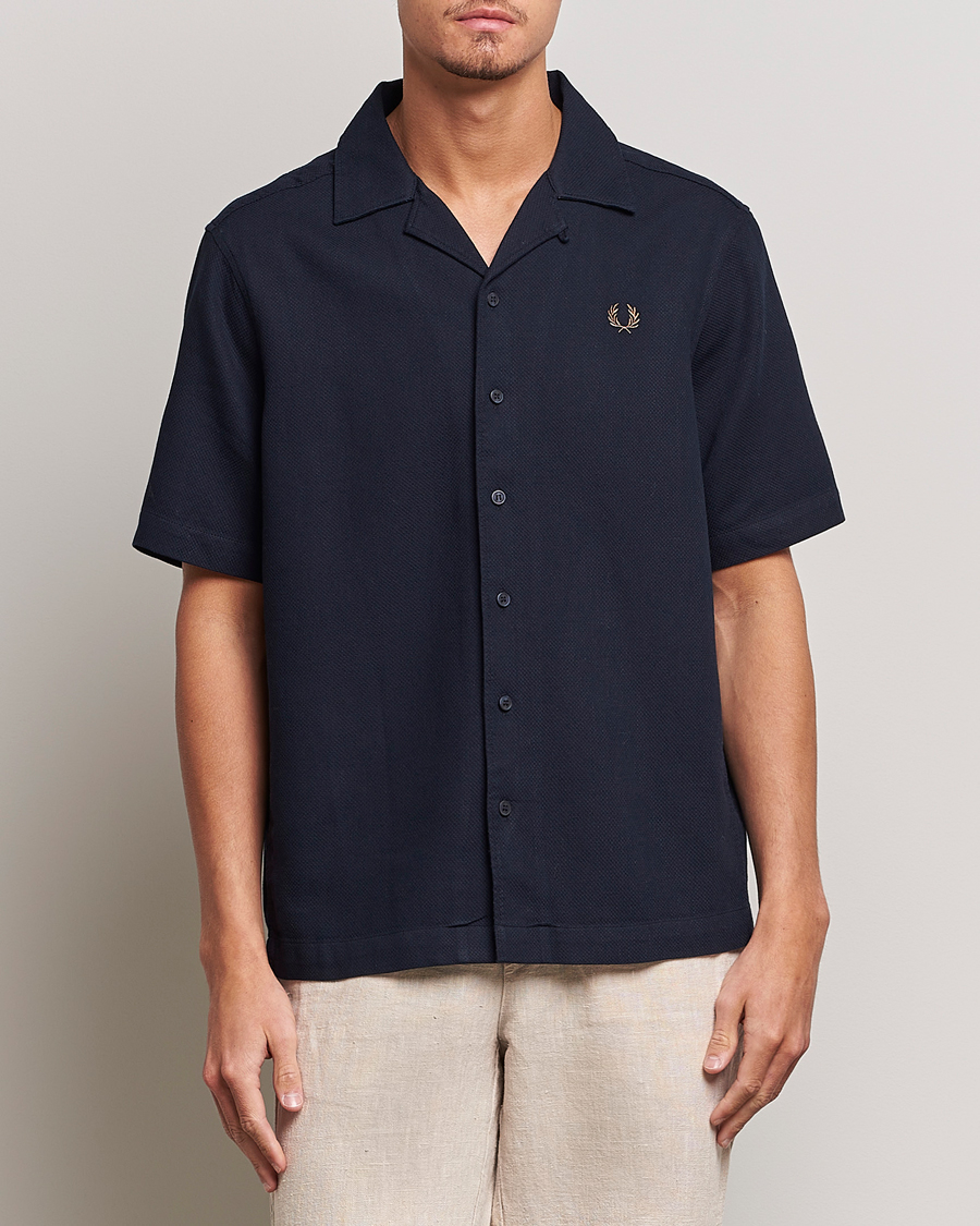 Uomini | Camicie | Fred Perry | Woven Pique Short Sleeve Linen Shirt Navy