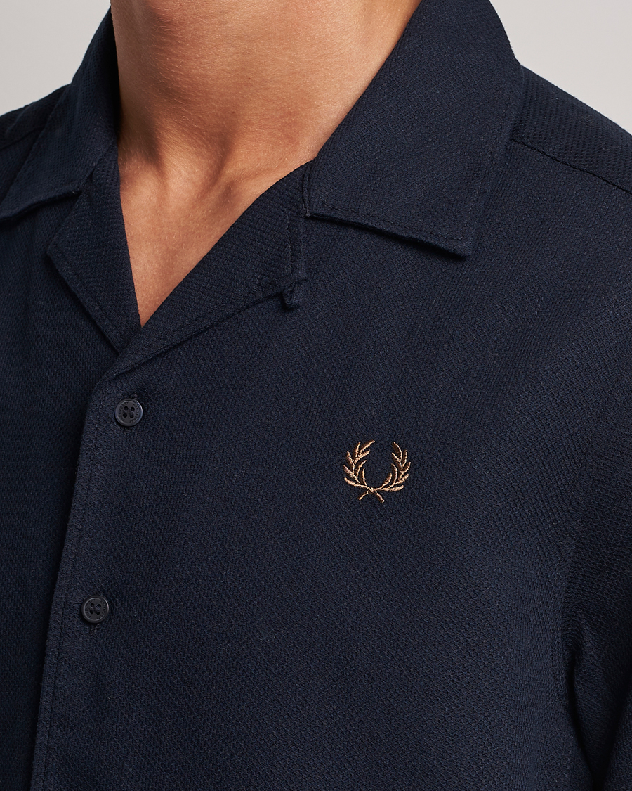 Uomini | Camicie | Fred Perry | Woven Pique Short Sleeve Linen Shirt Navy