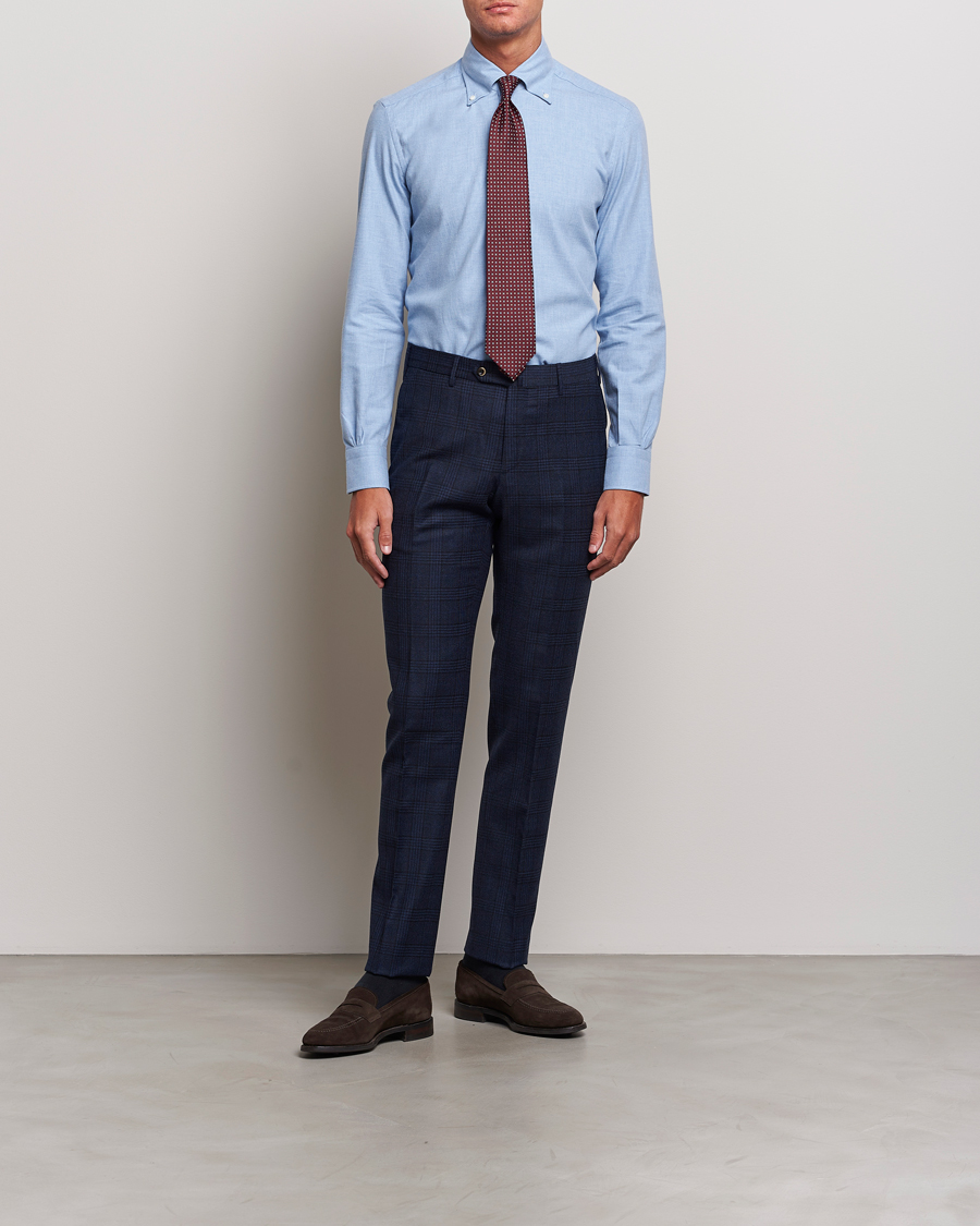 Uomini | Camicie | Mazzarelli | Soft Button Down Flannel Shirt Light Blue