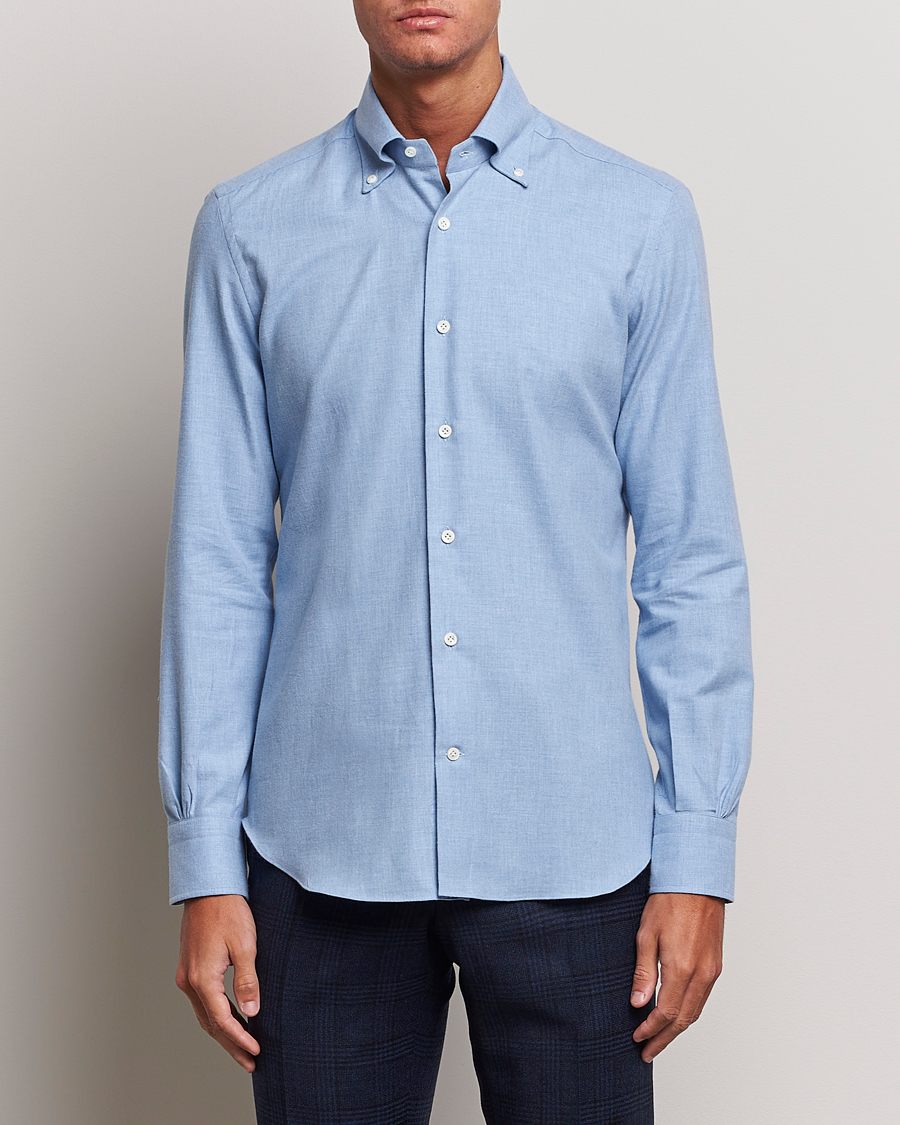Uomini | Camicie | Mazzarelli | Soft Button Down Flannel Shirt Light Blue