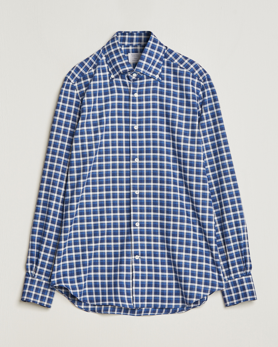 Uomini | Camicie | Mazzarelli | Soft Button Down Flannel Shirt Dark Blue