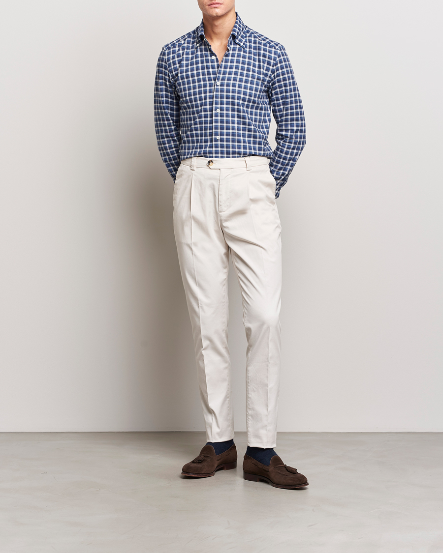 Uomini | Camicie | Mazzarelli | Soft Button Down Flannel Shirt Dark Blue
